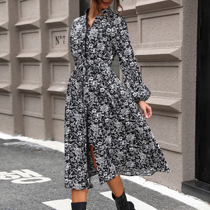 Stand Collar Lace Patchwork Dress Women Printed Shirt Long Sleeve Dress