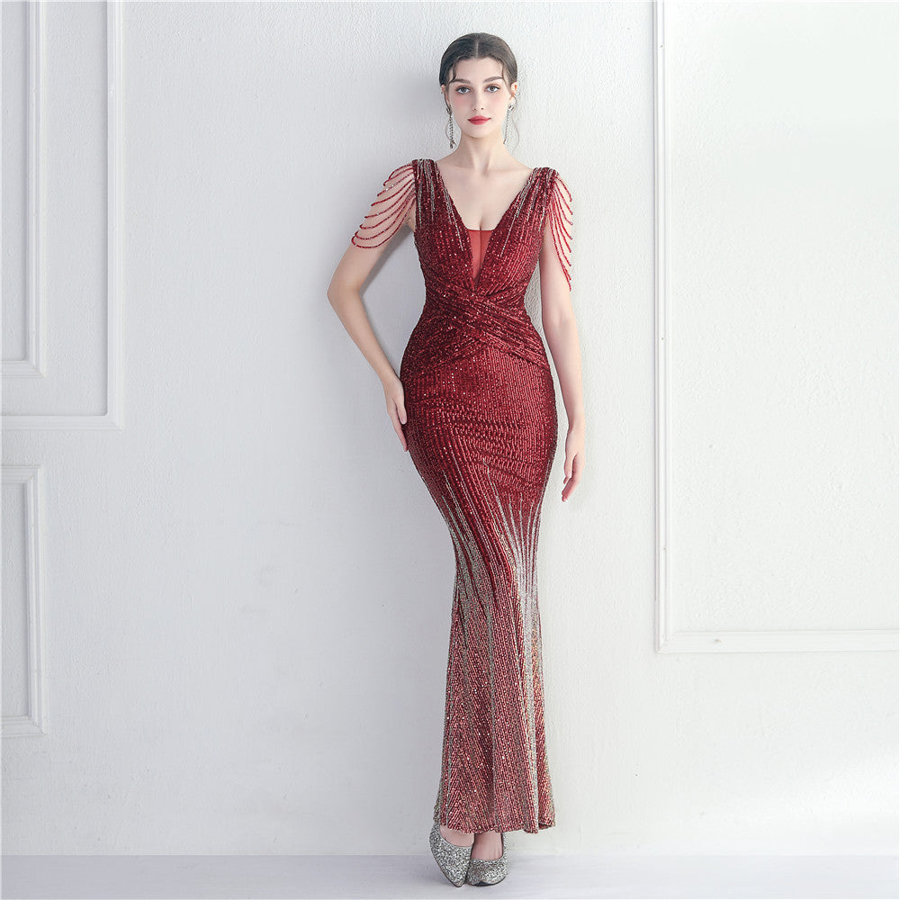 Craft Beaded Sequined Car Model Exhibition Host Dinner Women Long Evening Dress Fishtail Dress