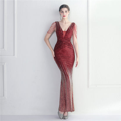 Craft Beaded Sequined Car Model Exhibition Host Dinner Women Long Evening Dress Fishtail Dress