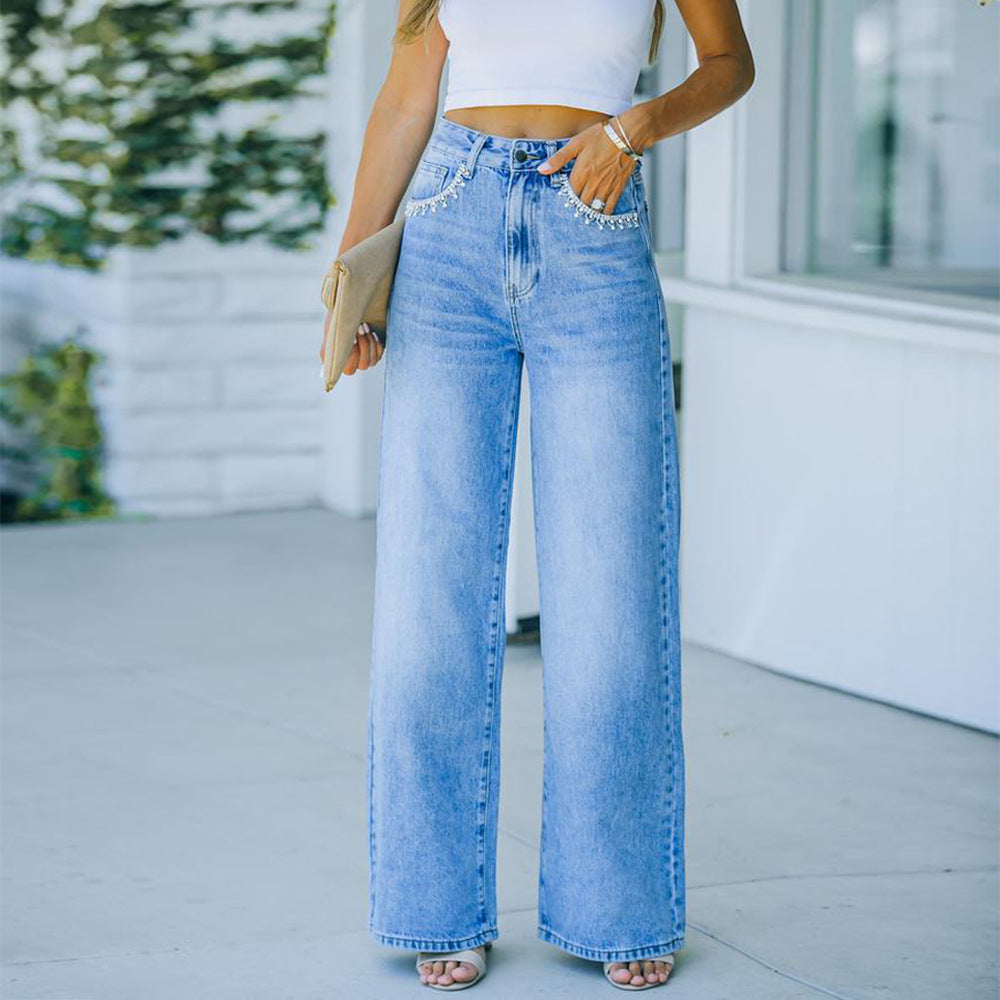 Pantalon en denim délavé ample avec poche pétale pour femme