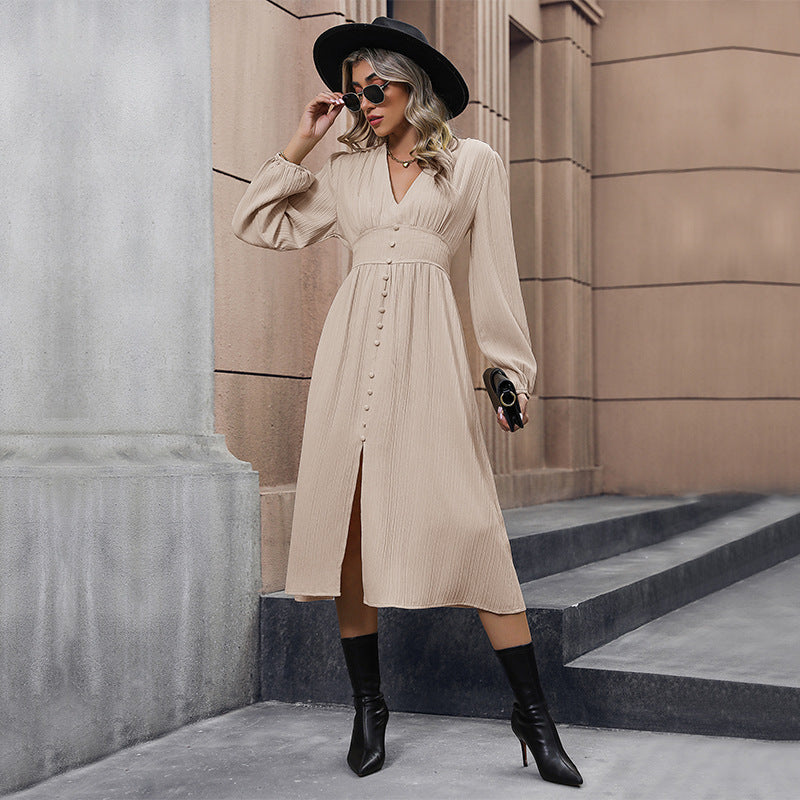 Women Clothing Solid Color Long Sleeve Split Dress Autumn