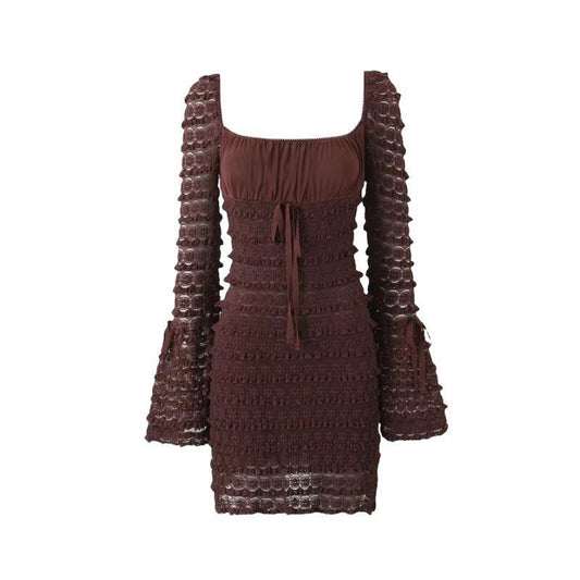 French Retro Square Collar Sexy Low Cut Bell Sleeve Dress Design Caterpillar Layered Lace Sheath