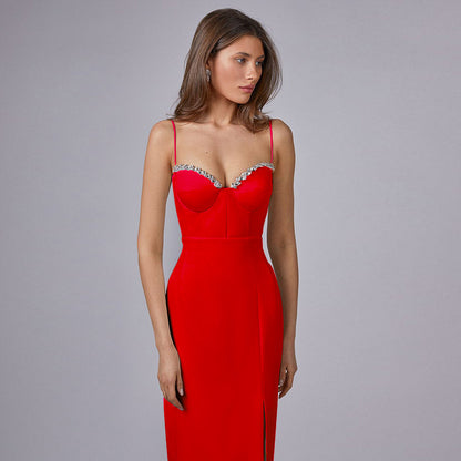 Robe de banquet une pièce sexy en tricot avec fente et caraco incrusté de diamants pour femme