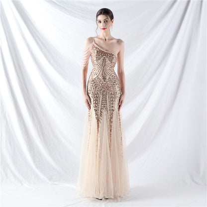 Dress Craft Beading Positioning Floral Sequin Stitching Mesh High-End Evening Dress