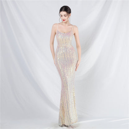 Women Colorful Sequin Suspender Evening Dress