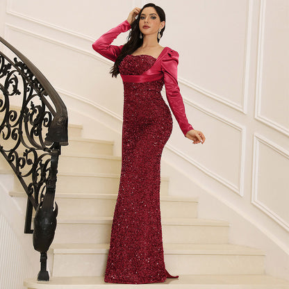 Robe de soirée rouge pour femmes, de haute qualité, épaules dénudées, dos nu, paillettes, robe de Toast, Cocktail