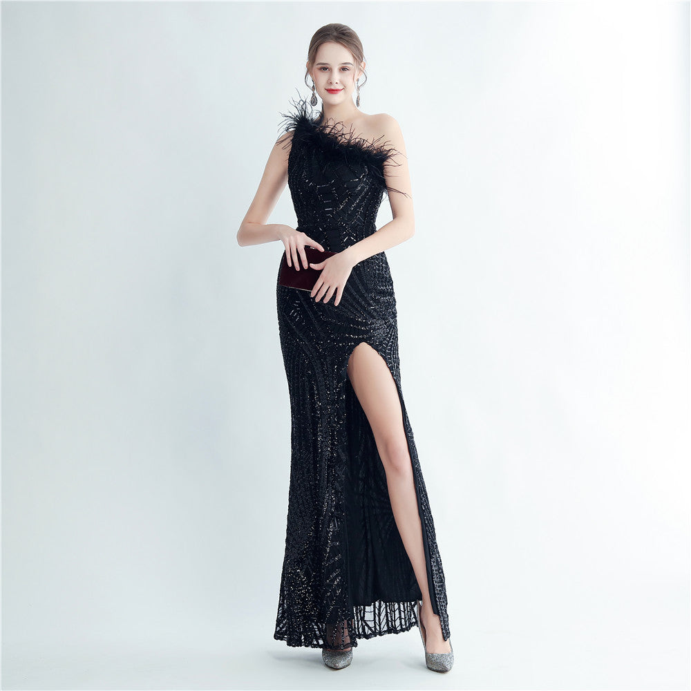 High Density Ostrich Hair Sequ Positioning Floral Oblique Shoulder Collar High End Evening Dress