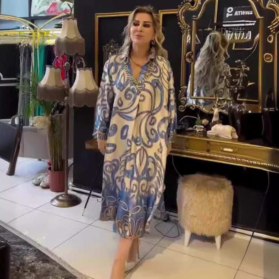 Vestido elegante holgado de manga larga con cuello en V y estampado de verano para mujer