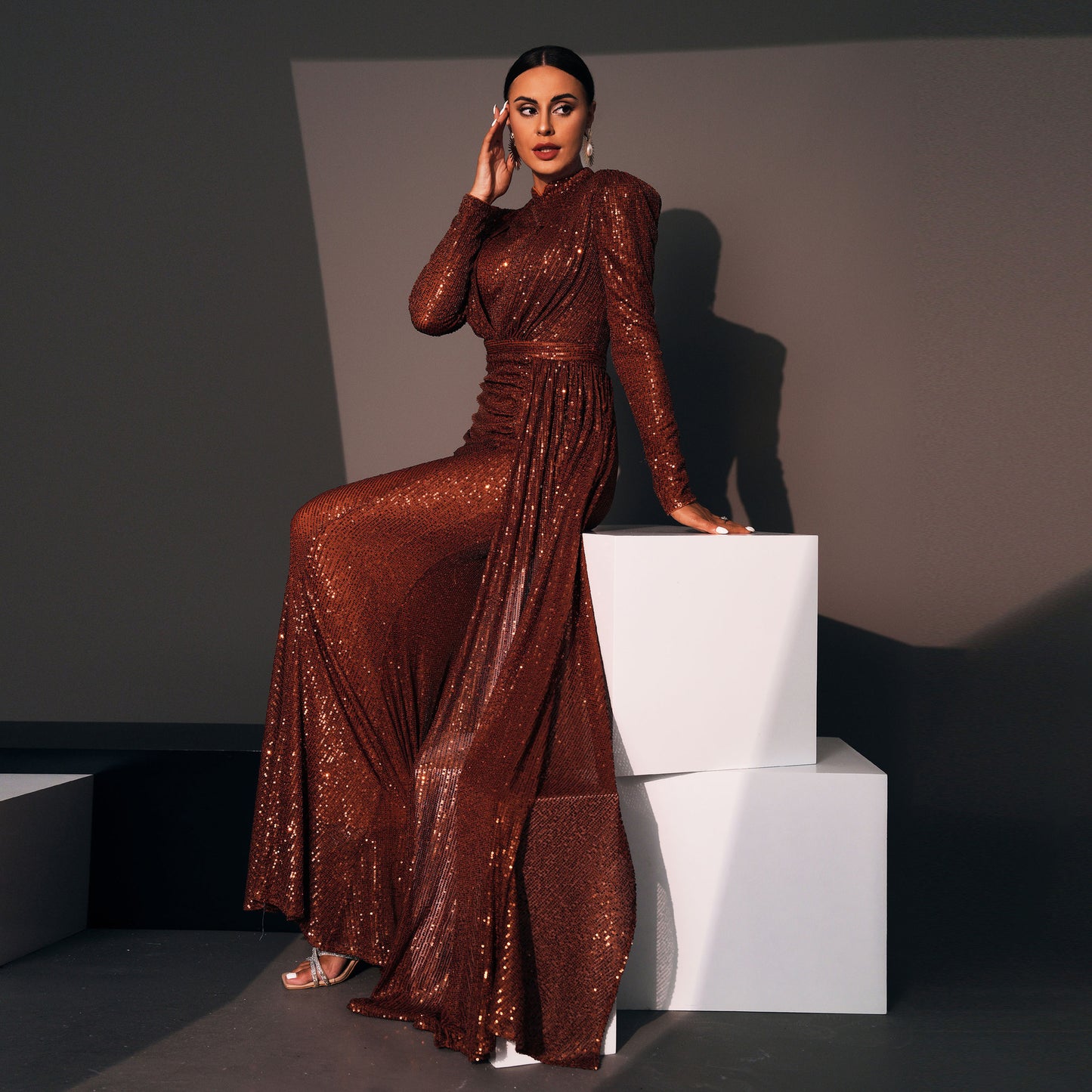 Evening Dress Long Sleeve Crew Neck Sexy Slim Long Sequined Cocktail Bridesmaid Dress Dress Women