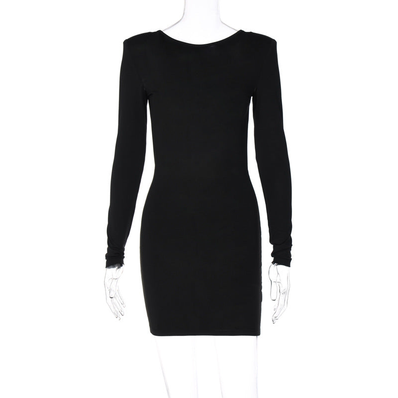 Autumn Winter Women Clothing Solid Color Long Sleeve Dress Sexy Backless Sheath Dress