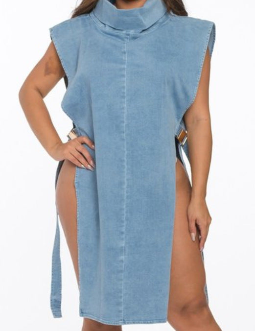 Robe en jean Sexy découpe lavée robe à col roulé femmes