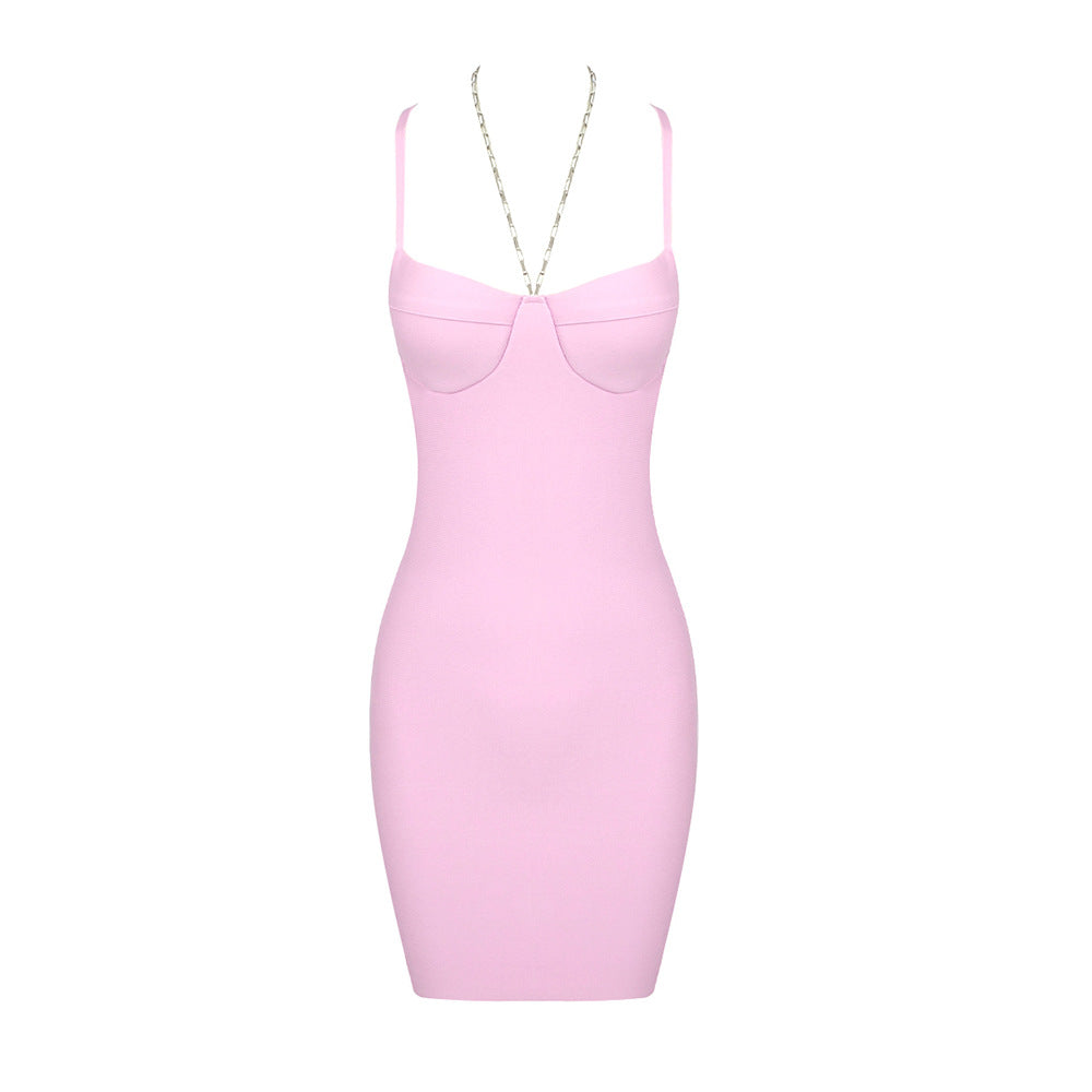 Mini liguero sexy de cadena rosa de verano con aberturas y escote en la espalda para mujer