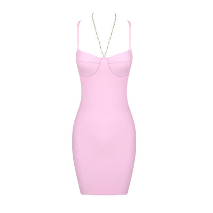 Mini liguero sexy de cadena rosa de verano con aberturas y escote en la espalda para mujer