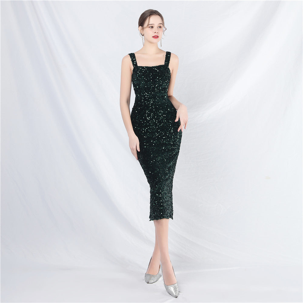 Velvet Bottom Imitation Handmade Magic Color Sequined Dress Daily Dress