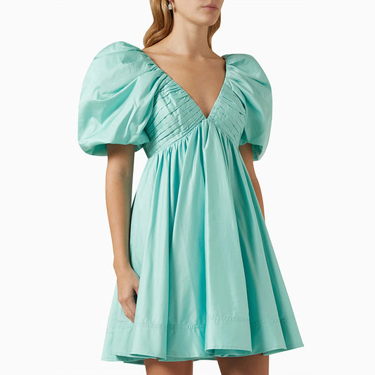 Vestido corto de verano elegante y sexy de estilo francés con escote en V profundo y mangas abullonadas de alta calidad para mujer