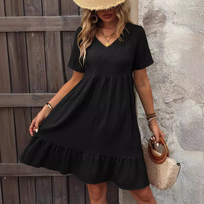 Summer Women Clothing Loose Casual Short Sleeve Waist Flowy Dress