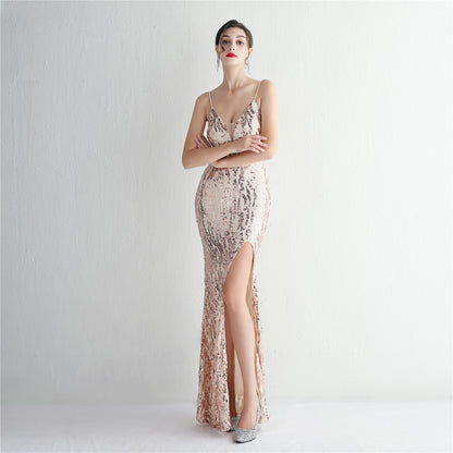 Sequined Long Camisole Gown Cocktail Slim Fit Evening Dress Elegant Stunning Fishtail