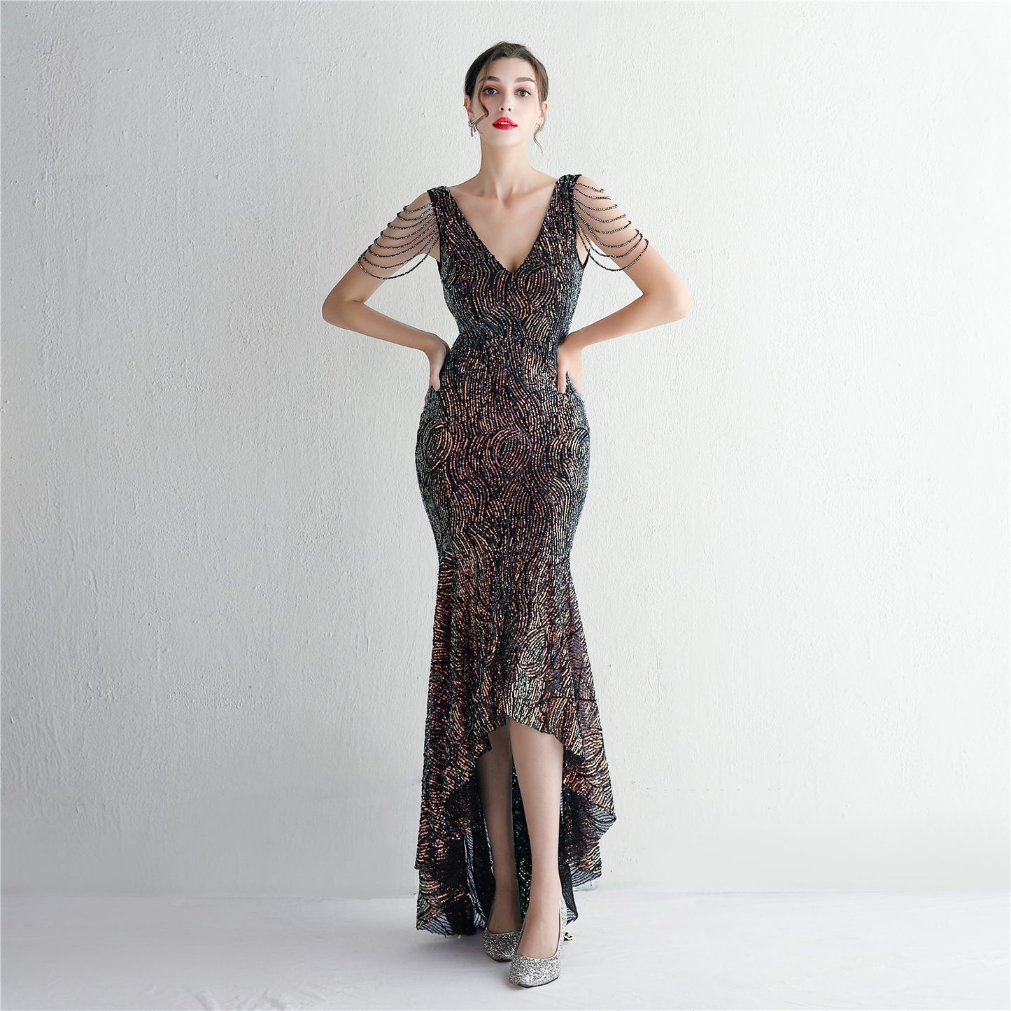 Sequin Craft Beaded Party Dress Long Cocktail Slim Fit Evening Dress Elegant