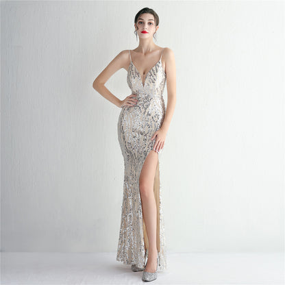 Sequined Long Camisole Gown Cocktail Slim Fit Evening Dress Elegant Stunning Fishtail