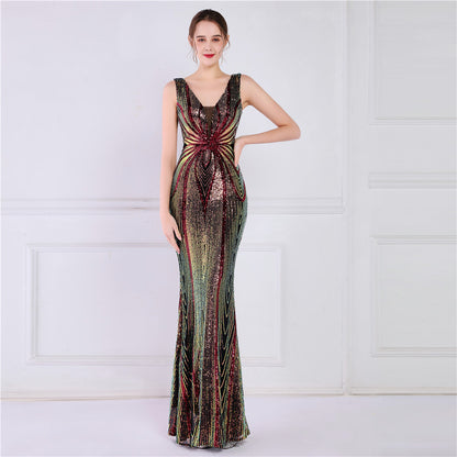 Positioning Floral Sequin Cocktail Elegant Long Sleeveless Sequined Aura Queen Fishtail Dress Slimming Fishtail Dress