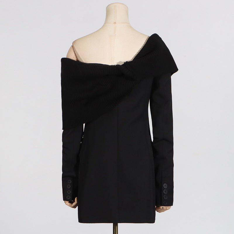 Robe blazer décontractée et confortable pour femme, col rond, coutures tricotées, manches longues, épaules dénudées