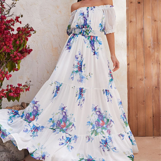 Robe longue en mousseline de soie à manches courtes et motif floral, robe longue de vacances décontractée à taille serrée, grande robe trapèze