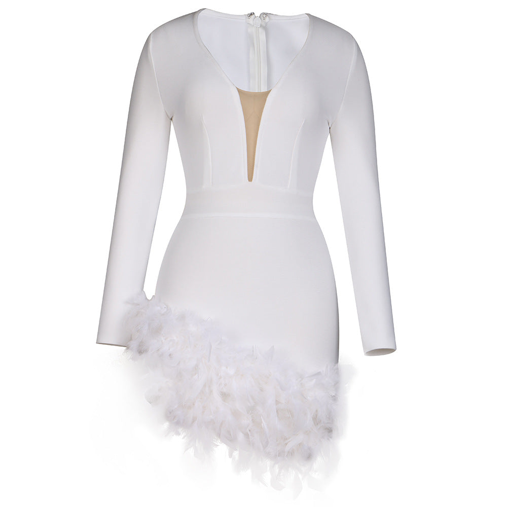 Robe bandage à plumes, robe de soirée sexy en maille à manches longues