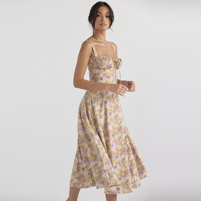 Vestido de mujer con cintura alta y abertura con tirantes florales Vestido de vacaciones para mujer