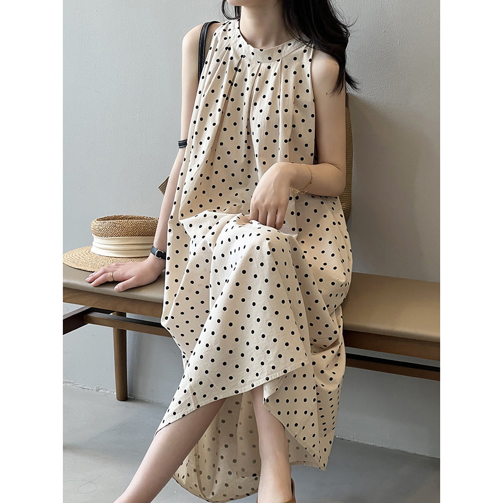 Polka Dot Sleeveless Dress Summer Korean round Neck A line Graceful Shift Dress