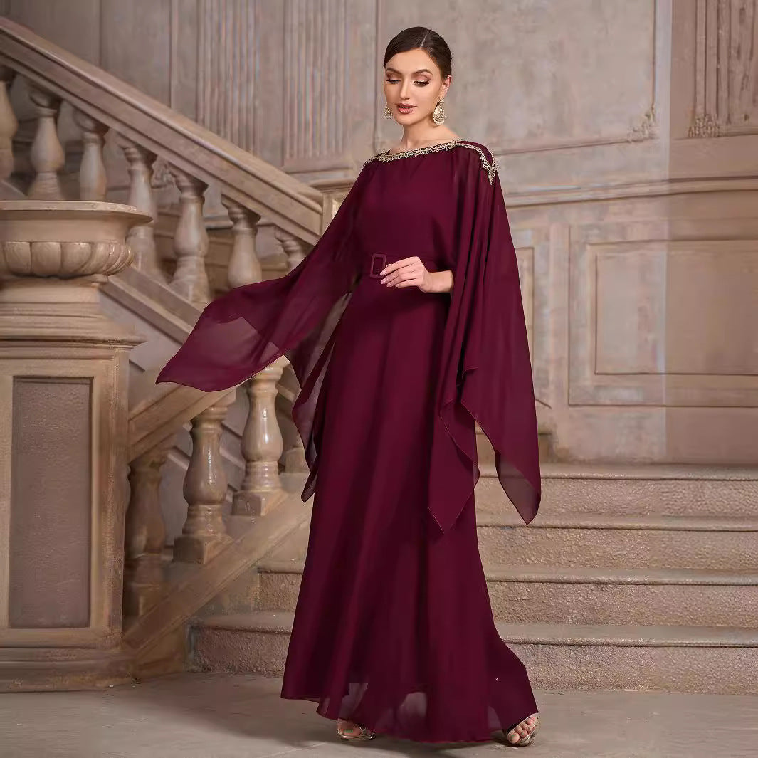 Solid Color Shawl Sleeve round Neck Belt Chiffon Elegant Cocktail Evening Dress