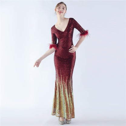 Craft Ostrich Feather Gradient Sequin Half Sleeve High End Evening Dress