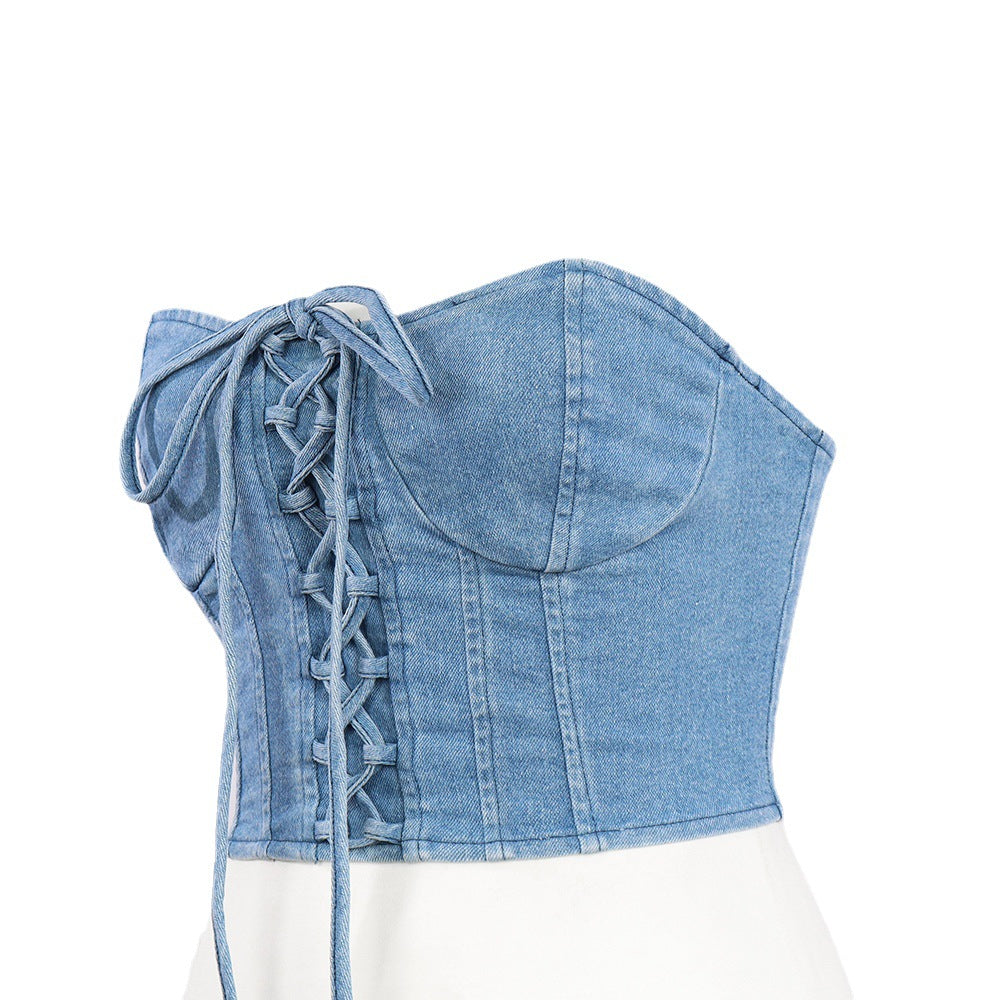 Sexy croisé à lacets Denim dos vêtements chauds bustier tubulaire femmes décontracté corps façonnage gilet court fermeture éclair enveloppé poitrine