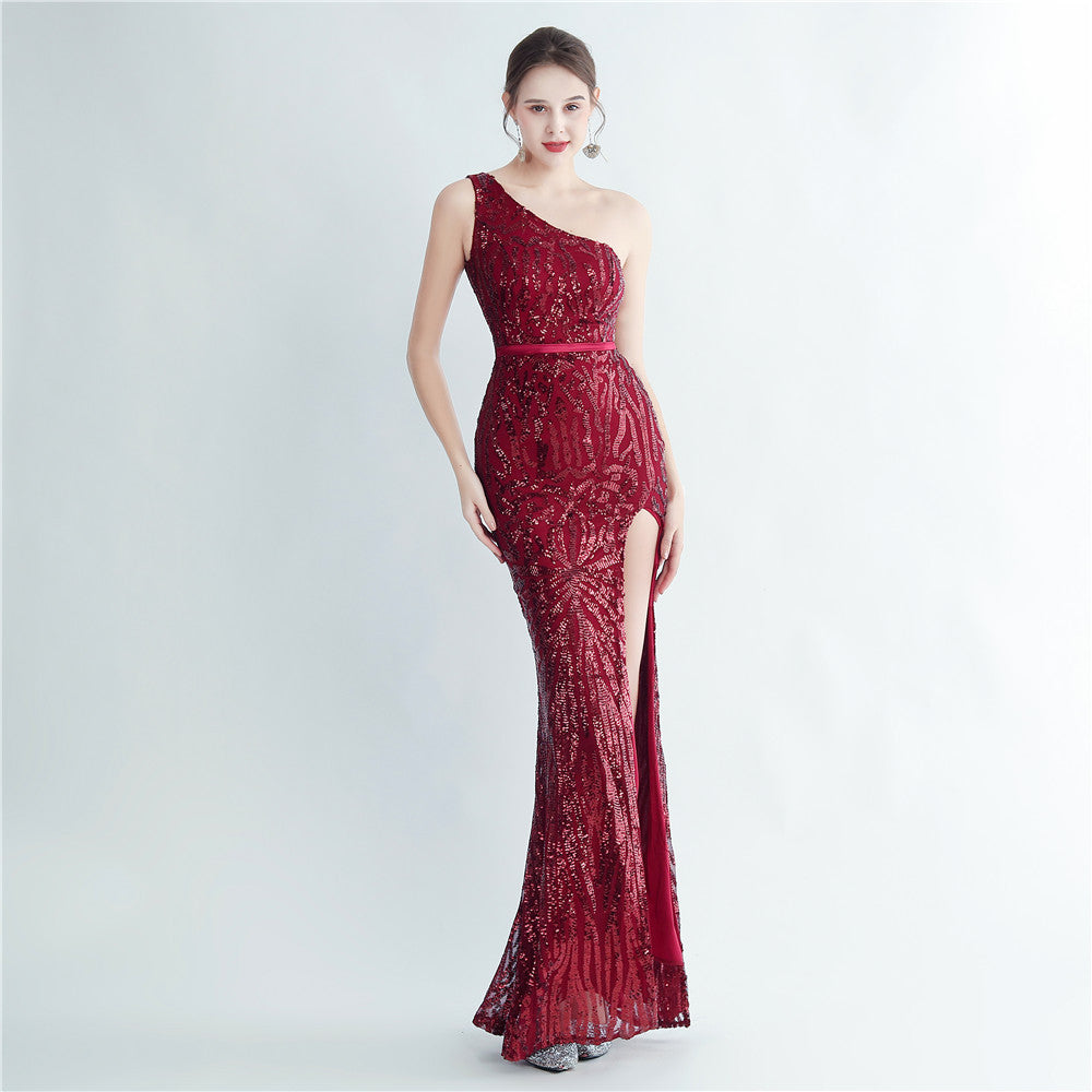 Positioning Floral Sequin One Shoulder Diagonal Collar Side Slit Long Evening Dress