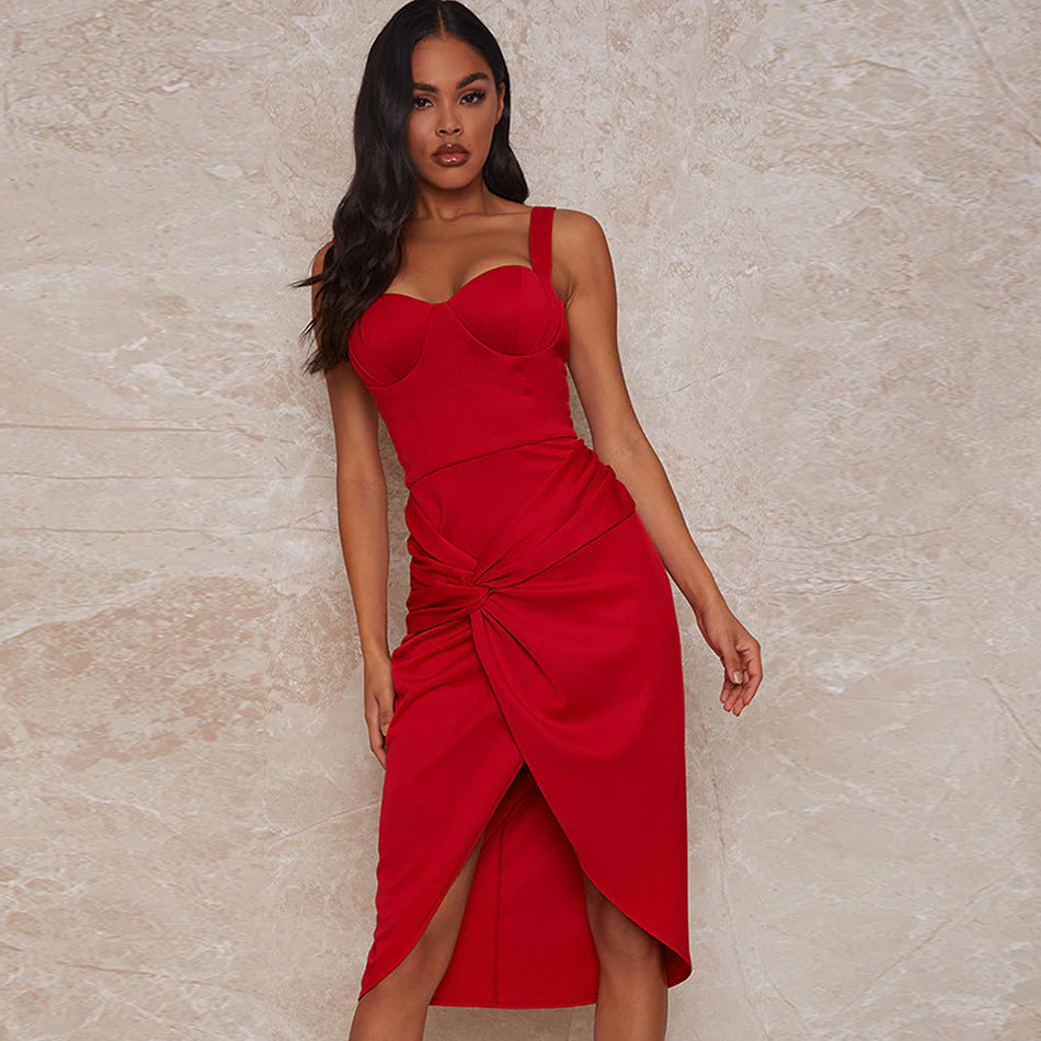 Red Camisole Evening Dress Elegant Split Sexy Tube Top Evening Dress Cocktail Party Women Dress