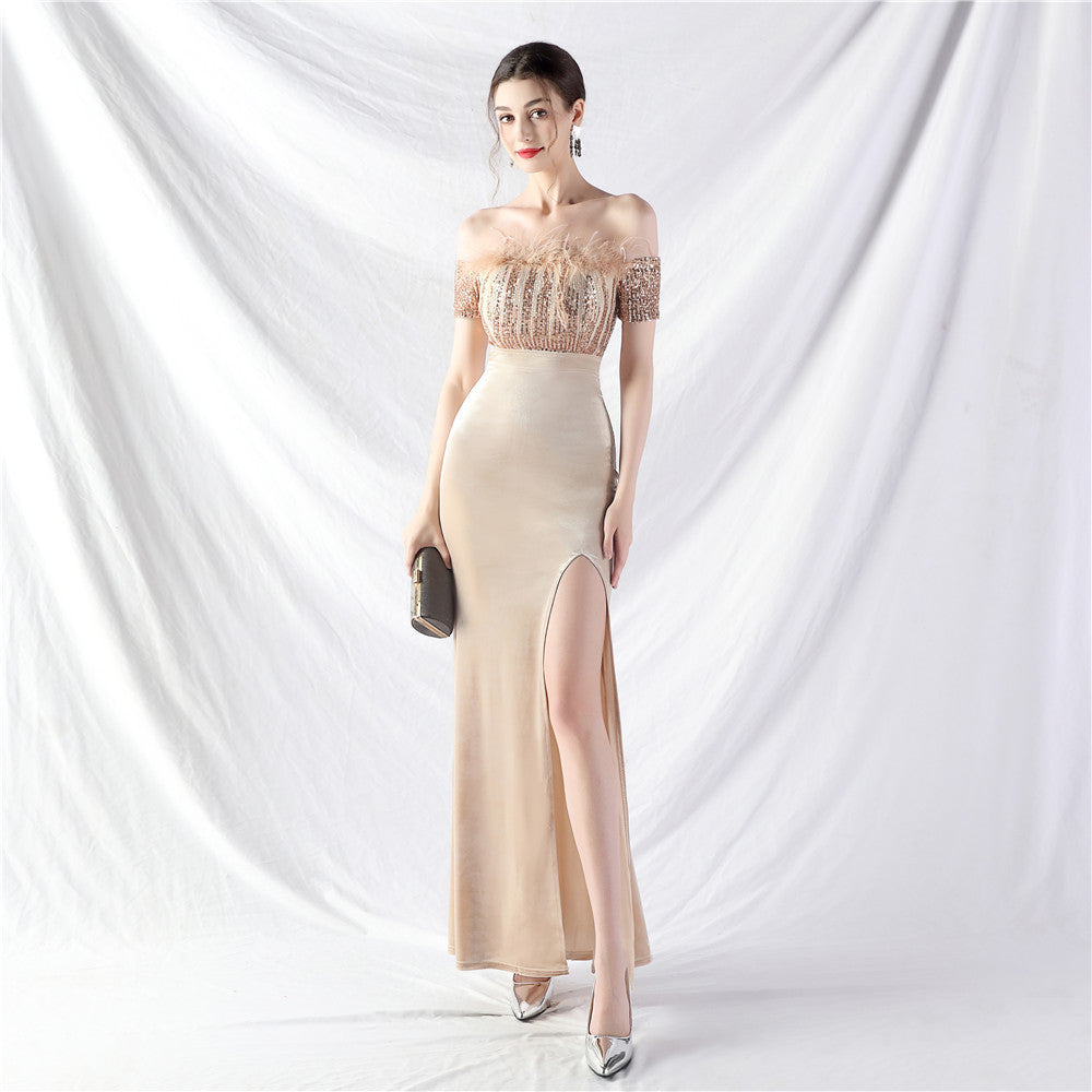 Craft Order Ostrich Fur Velvet off Neck Evening Dress