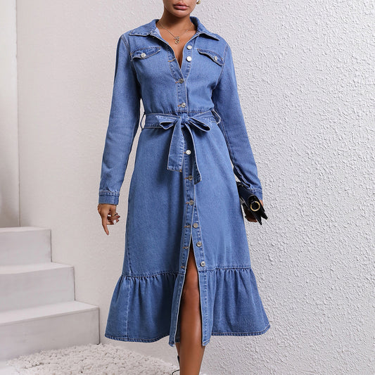 Robe en jean rétro à manches longues pour femmes, amincissante, contrôlée à la taille