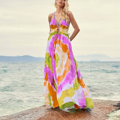 Vestido camisero con estampado de rayas oblicuas con degradado tie dye para primavera y verano