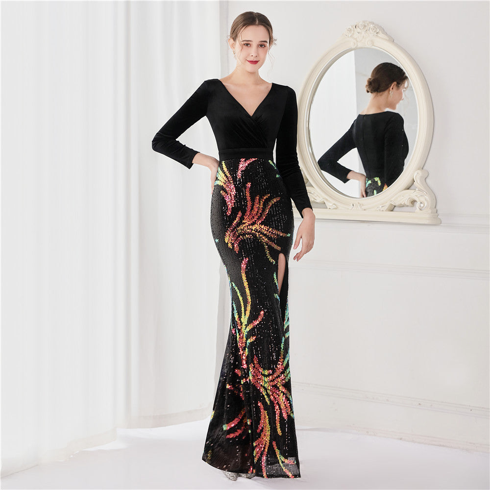 Robe de soirée en velours coréen à 10 paillettes à manches longues en queue de poisson pour femmes, haut de gamme, élégante, cocktail, réunion annuelle, roi