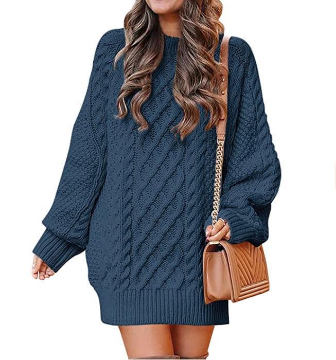 Round Neck Long Sleeve Twisted Knitted Thick Needle Pullover Mid Length Sweater Women Dress