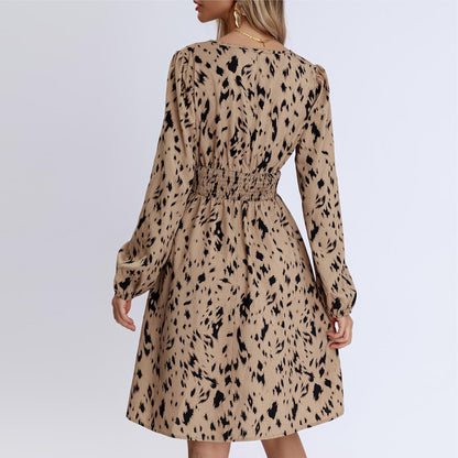 Spring Autumn Retro Long Sleeve V Neck Leopard Print Waist Dress Women