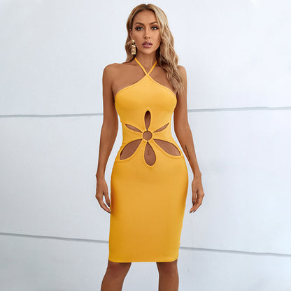 Women Clothing Halter Lace up Hollow Out Cutout out Dress Sexy Backless Belly Button Bandage One Piece Dress