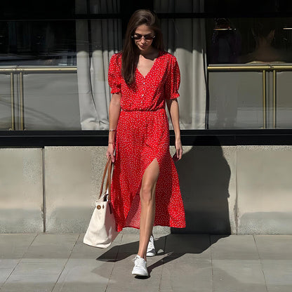 Polka Dot Dress Summer V Neck Tight Waist Slit Mid Length Red Short Sleeve Dress