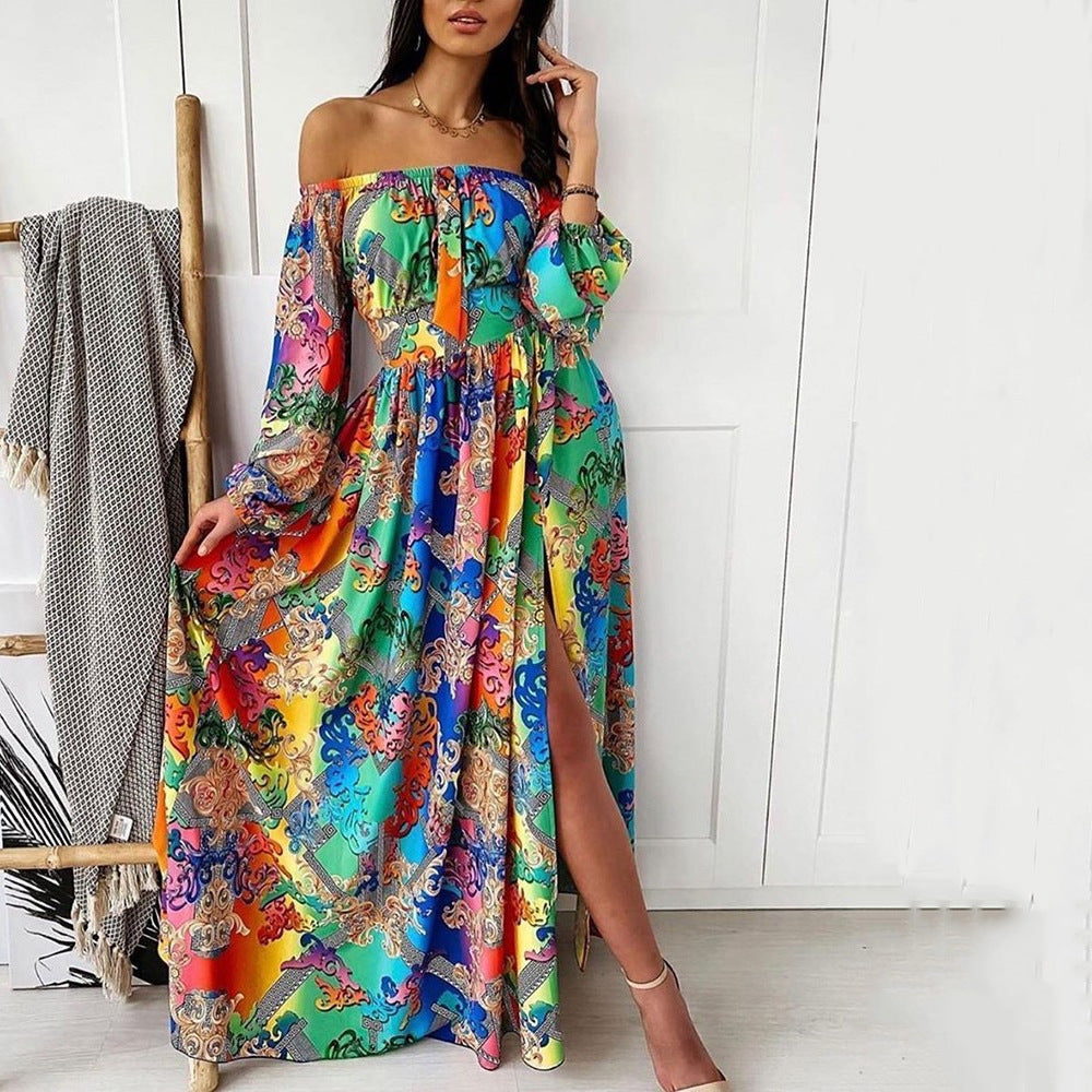 Evening Dress Printed Dress V-neck Pullover Retro Long Sleeve Big Hem Split Dress