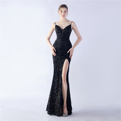 Colorful Sequin Side Slit Long Strap Evening Dress