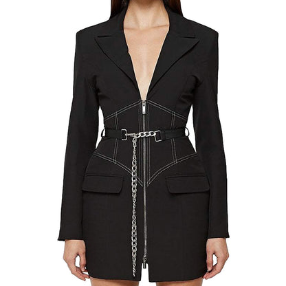 Niche Design Women Clothing Spring Long Slim Fit Sexy Belt Blazer Dress Black