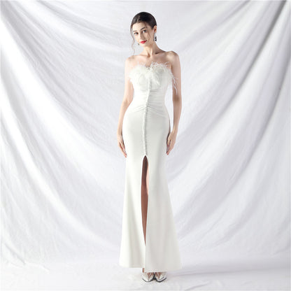 Art Bag Buckle Hand Ordered Ostrich Feather Satin Long Evening Dress