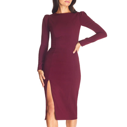 Couleur unie col rond mince gaine fermeture éclair manches longues robe fendue femmes vêtements