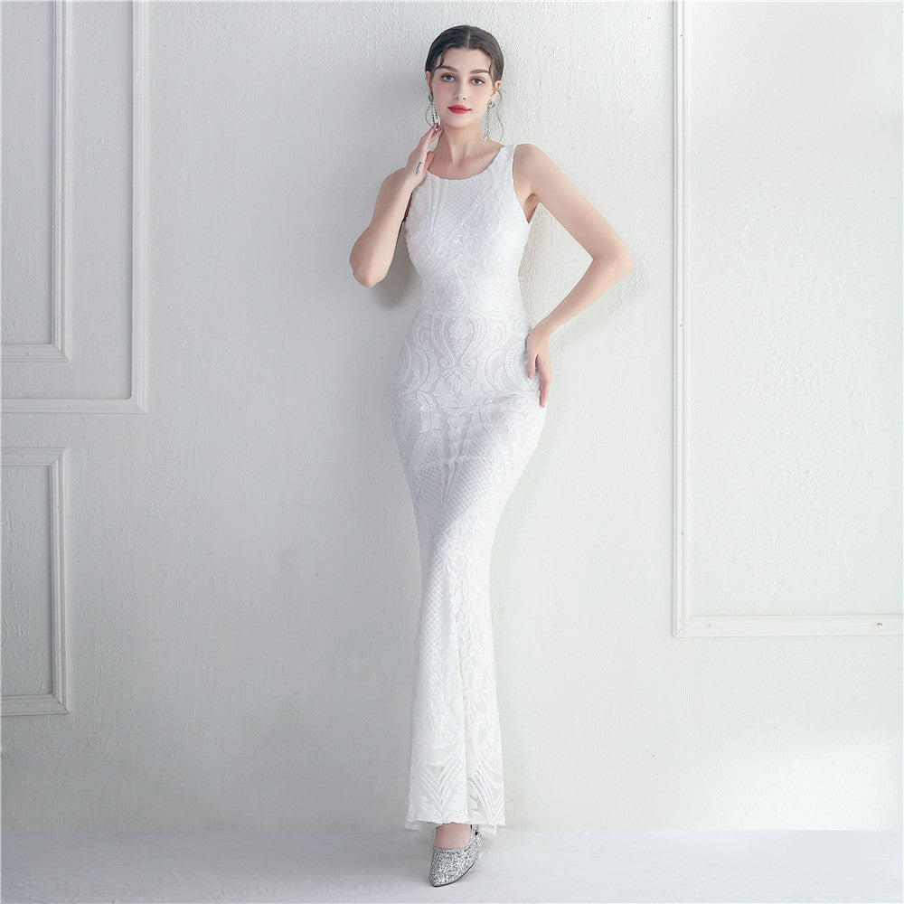 Bare Back Beaded Craft Sequined Embroidery Stage Concert Car Model Cocktail Wedding Ceremony Long Evening Dress