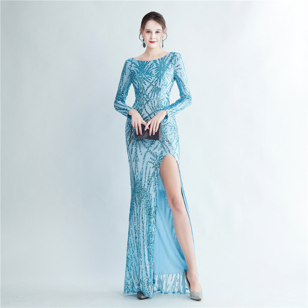 Sequined Long Sleeve Split High End Evening Dress