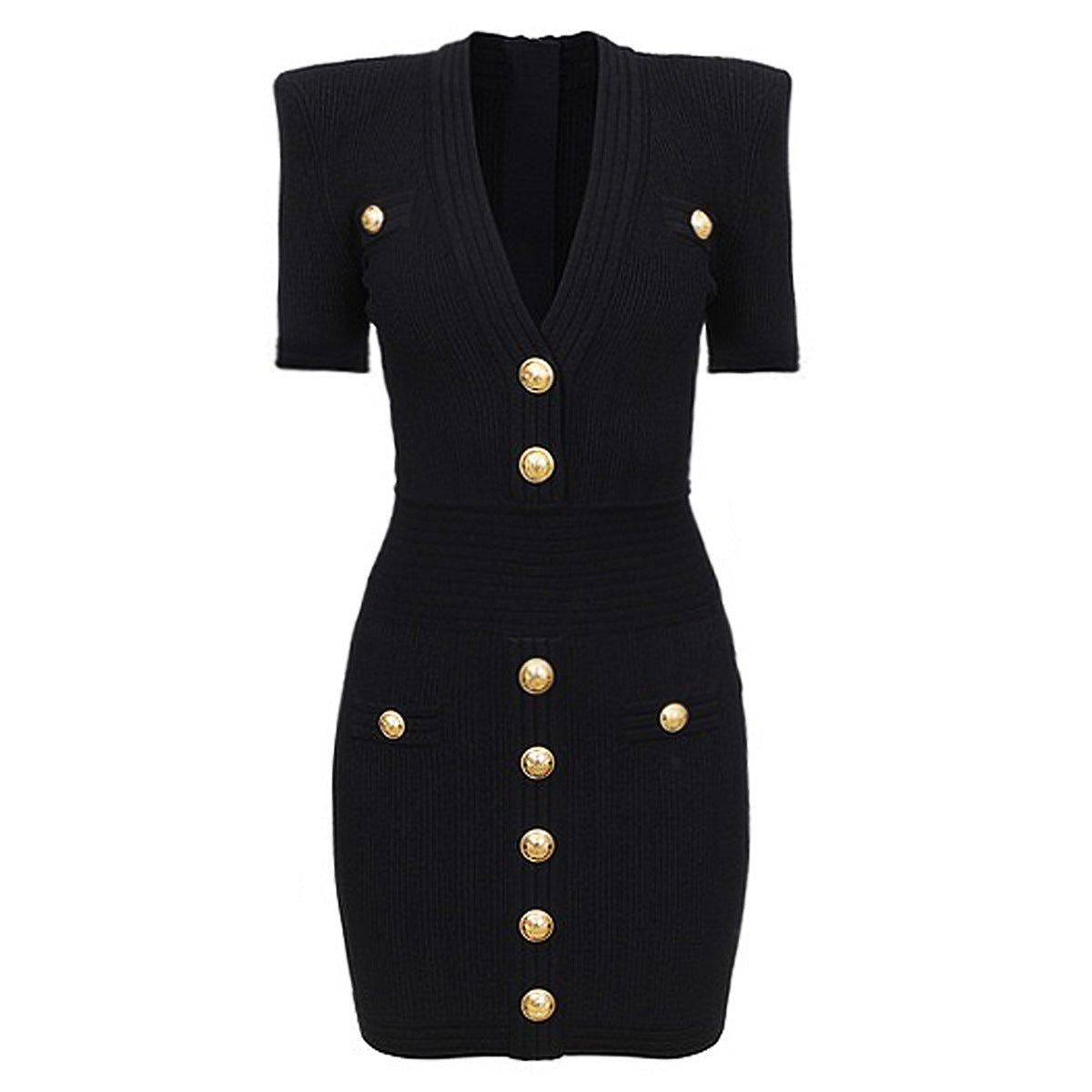 Office V Neck Knitted Sweater Midi Dress Rivet Button Short Sleeve Dress Women